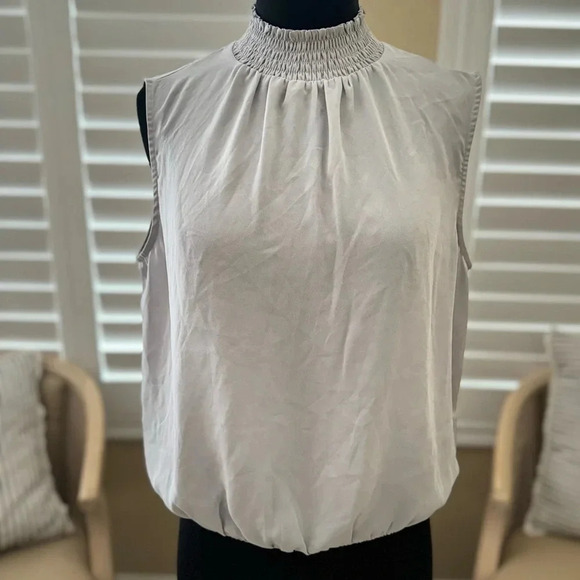Express | Light Gray Sheer Smocked Neck Open Back Sleeveless Blouse - Size M - Picture 1 of 4